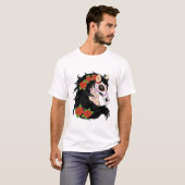 赤いバラの付いた砂糖スカル馬 Tシャツ (正面フル)
