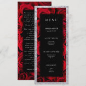 赤いバラの偽シルバー ブラック ラグジュアリー ウェディング メニュー (正面/裏面)