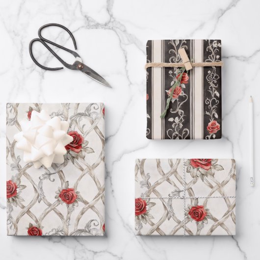 赤いバラの偽木の花の結婚式 ラッピングペーパーシート (正面)