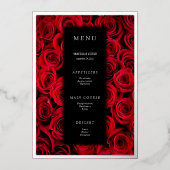 赤いバラの偽銀黒豪華結婚式メニュー 箔招待状 (正面)