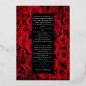 赤いバラの偽銀 黒ラグジュアリー結婚式メニュー 箔招待状 (裏面)