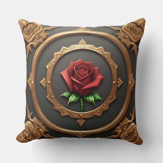 赤いバラの入り組んだ金色の枠 クッション (正面)