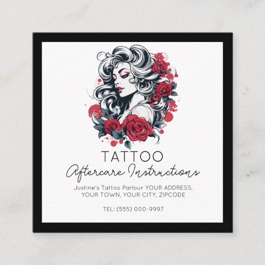 赤いバラの入れ墨アフターケアの指示スタイリッシュ スクエア名刺 (正面)
