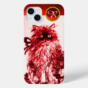 赤いバラの子猫ゲムストーンモノグラム iPhone 15 MINIケース