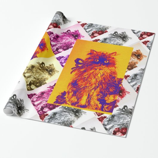 赤いバラの子猫、オレンジ色と黄色と青 ラッピングペーパー (アンロールド)
