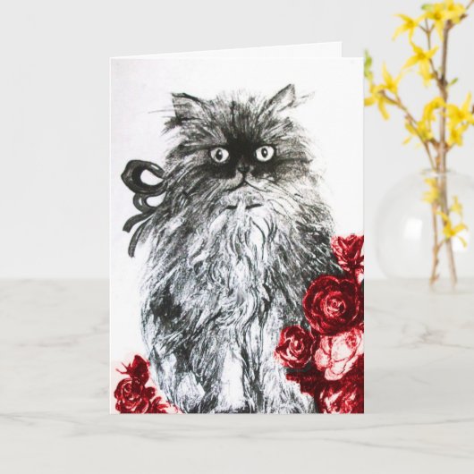 赤いバラの子猫 、モノクロ カード (黄色い花)