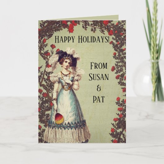 赤いバラの庭のビクトリアン女性 - ファンを持つ シーズンカード (正面)