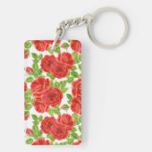 赤いバラの水の色のシームレスなパターン キーホルダー (裏面)