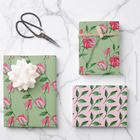 赤いバラの水彩手描き ラッピングペーパーシート (正面)