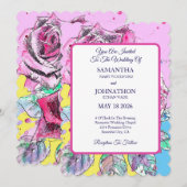 赤いバラの水彩画のバラのピンクの結婚式の招待状 招待状 (正面/裏面)