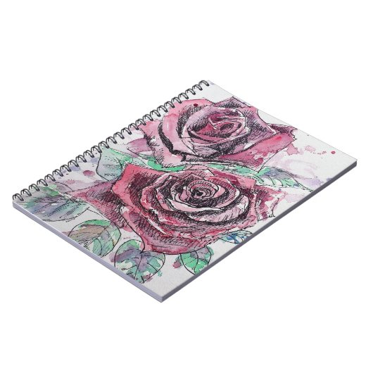 赤いバラの水彩画の花の花束 ノートブック (左側)