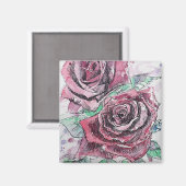 赤いバラの水彩画の花の花束 マグネット (正面/裏面)