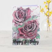 赤いバラの水彩花の花の誕生日カード カード (黄色い花)