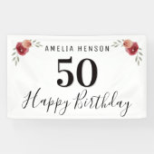 赤いバラの水彩花フラワー50歳の誕生日 横断幕 (横)