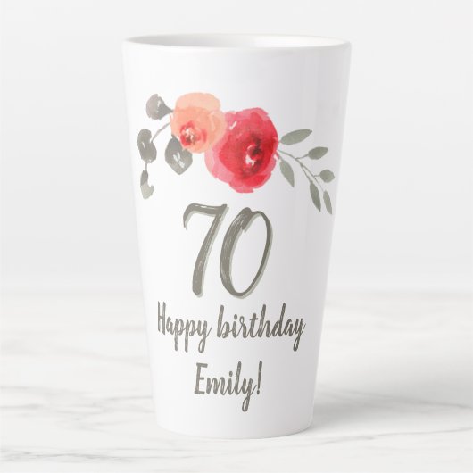 赤いバラの水彩花70歳の誕生日フラワー カフェラテマグ (正面)