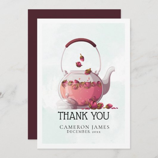 赤いバラの水彩茶さじ フローラル ティーパーティー サンキューカード (正面/裏面)
