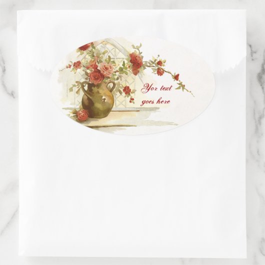 赤いバラの水色シール付きヴィンテージ花瓶 楕円形シール (バッグ)