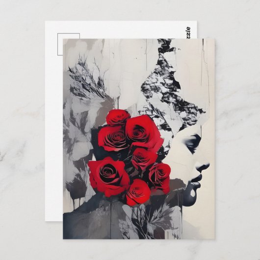 赤いバラの混合メディアと白黒の顔 ポストカード (正面/裏面)