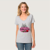 赤いバラの猫愛好家Vネックの猫の母 Tシャツ (正面フル)