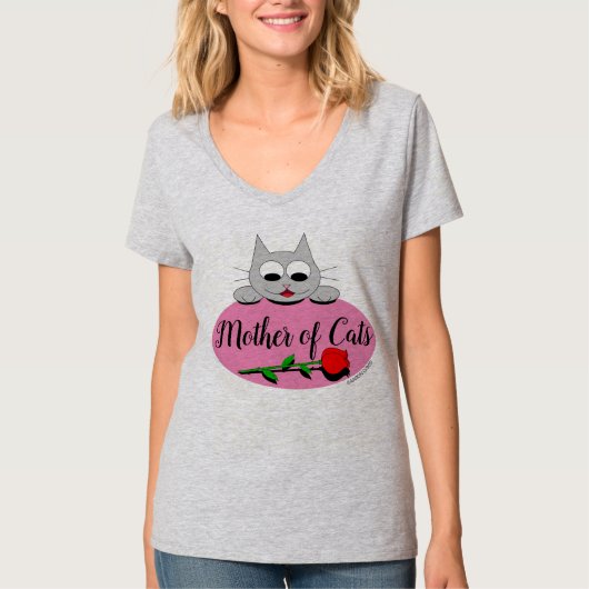 赤いバラの猫愛好家Vネックの猫の母 Tシャツ (正面)