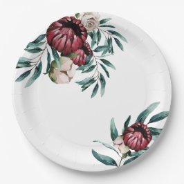 赤いバラの白い背景の水のエレガントスクリプト ペーパープレート