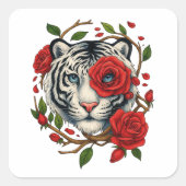 赤いバラの白い虎 – 野生動物はっきりしたのフローラ スクエアシール (正面)