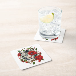 赤いバラの白い虎 – 野生動物はっきりしたのフローラ スクエアペーパーコースター