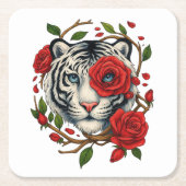 赤いバラの白い虎 – 野生動物はっきりしたのフローラ スクエアペーパーコースター (正面)