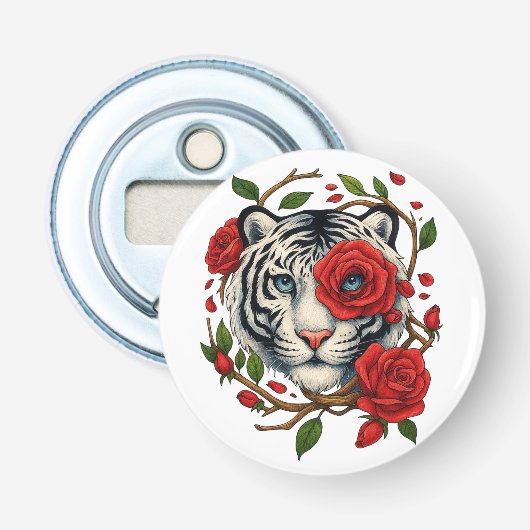 赤いバラの白い虎 – 野生動物はっきりしたのフローラ 栓抜き (正面)