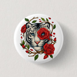 赤いバラの白い虎 – 野生動物はっきりしたのフローラ 缶バッジ