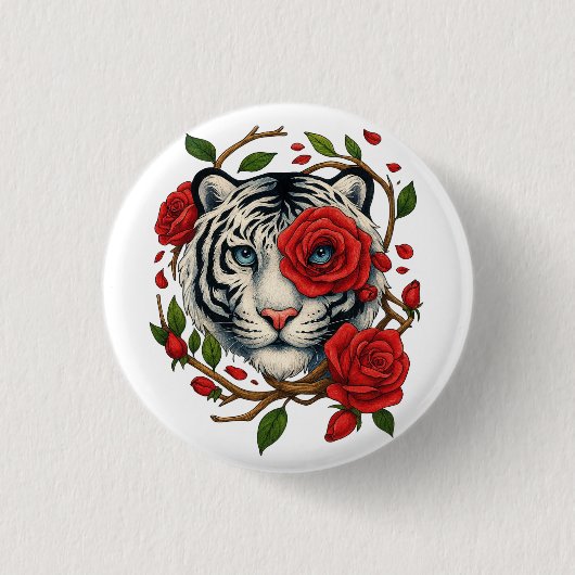 赤いバラの白い虎 – 野生動物はっきりしたのフローラ 缶バッジ (正面)
