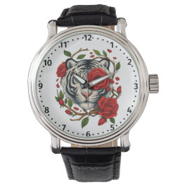 赤いバラの白い虎 – 野生動物はっきりしたのフローラ 腕時計