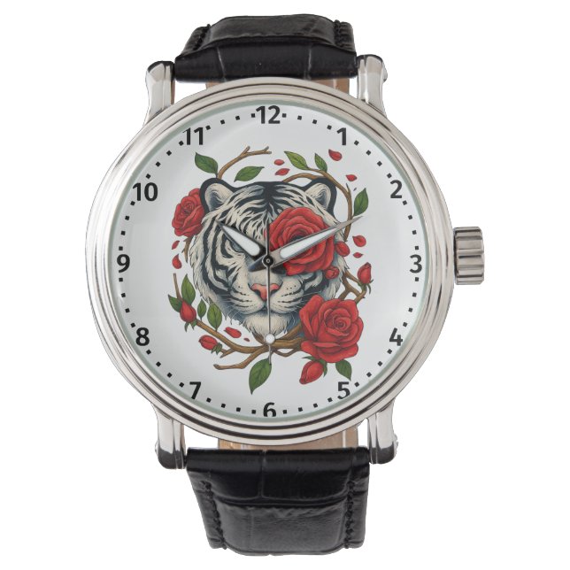 赤いバラの白い虎 – 野生動物はっきりしたのフローラ 腕時計 (正面)
