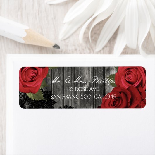 赤いバラの素朴な黒レースのウェディングギフト ラベル (インサイチュ)