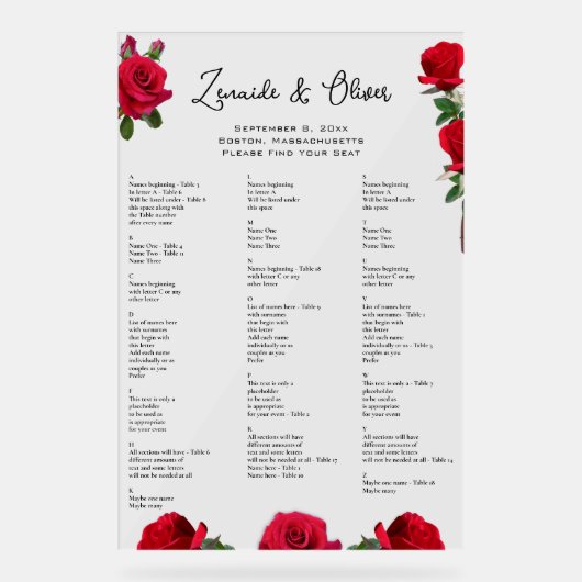 赤いバラの結婚シーティンググラフアクリルの看板 アクリルサイン (正面)