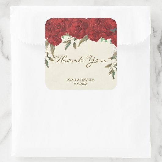 赤いバラの結婚式の引き出物ステッ感謝していク スクエアシール (バッグ)