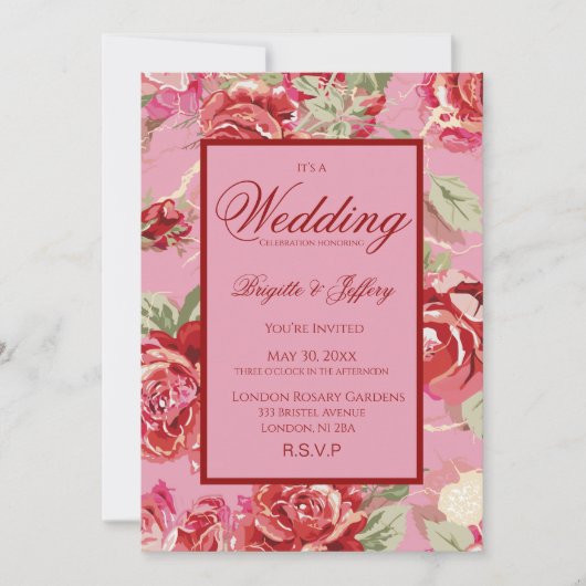 赤いバラの結婚式招待状 案内状 (正面)