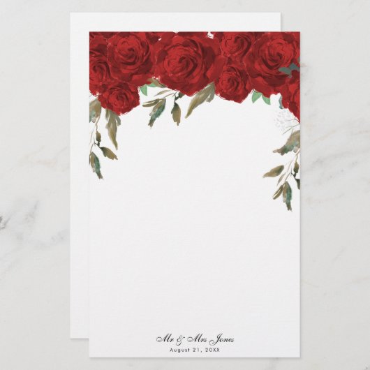 赤いバラの緑結婚の便箋 便箋 (正面/裏面)