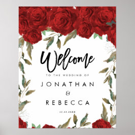 赤いバラの緑結婚の緑の歓迎の看板ポスター ポスター