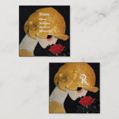 赤いバラの美しいファッションの衣装ブラックを持つ女性 スクエア名刺 (正面/裏面)