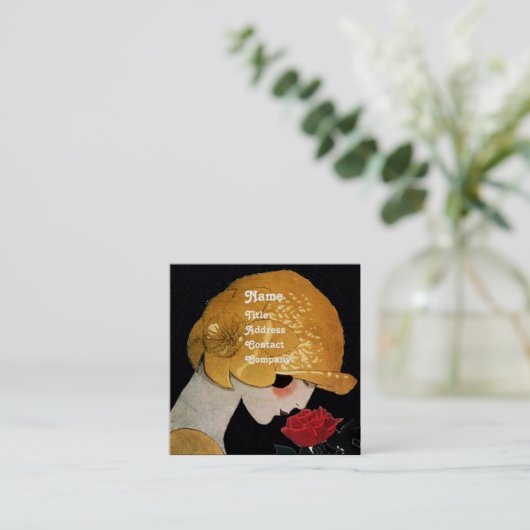 赤いバラの美しいファッションの衣装ブラックを持つ女性 スクエア名刺 (スタンド正面)