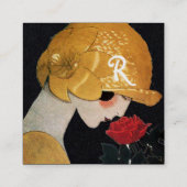 赤いバラの美しいファッションの衣装ブラックを持つ女性 スクエア名刺 (裏面)