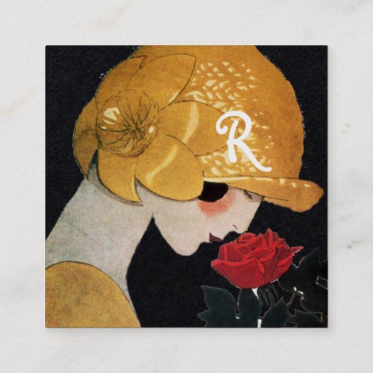 赤いバラの美しいファッションの衣装ブラックを持つ女性 スクエア名刺 (裏面)