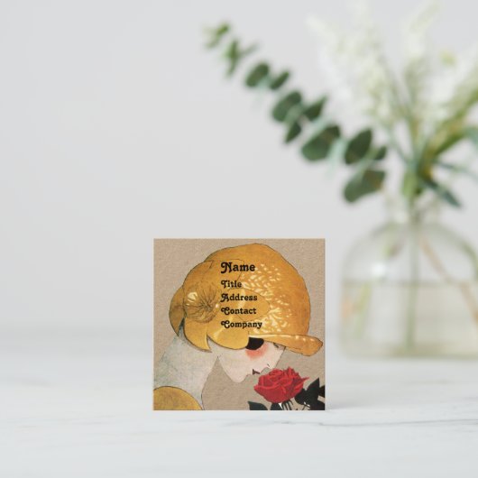 赤いバラの美しいファッション衣装クラフト付き女性 スクエア名刺 (スタンド正面)