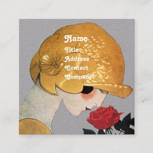 赤いバラの美しいファッション衣装グレーの女性 スクエア名刺 (正面)