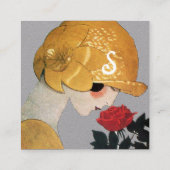 赤いバラの美しいファッション衣装グレーの女性 スクエア名刺 (裏面)