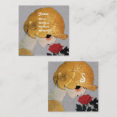 赤いバラの美しいファッション衣装グレーの女性 スクエア名刺 (正面/裏面)