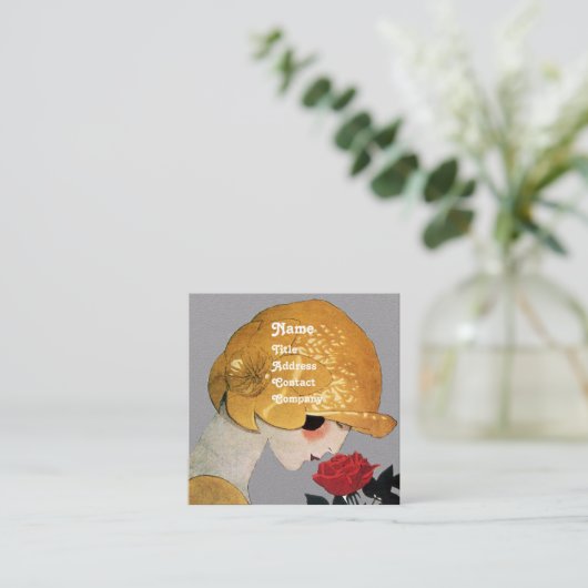 赤いバラの美しいファッション衣装グレーの女性 スクエア名刺 (スタンド正面)