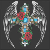 赤いバラの翼のある十字架 シール (正面)