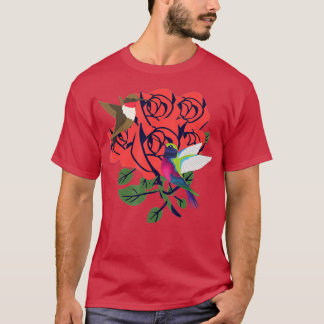 赤いバラの花が咲く美しいハミングバード Tシャツ